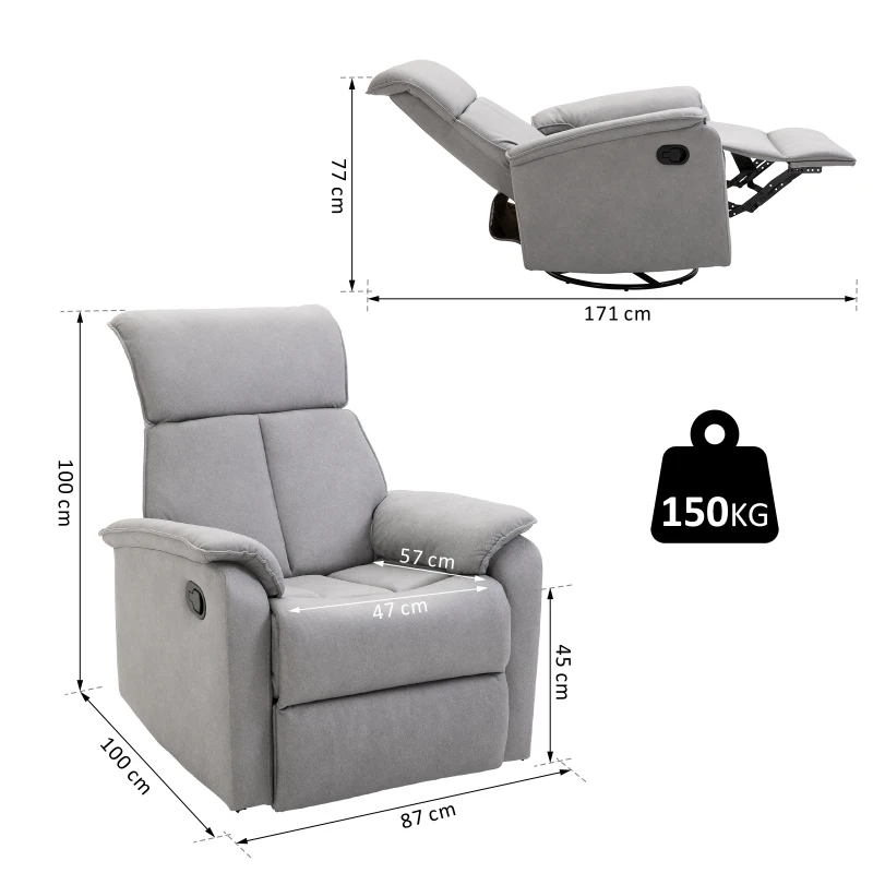 HOMCOM Fauteuil de relaxation grand confort pivotant 360° dossier inclinable repose-pied ajustable revêtement synthétique tissu gris clair