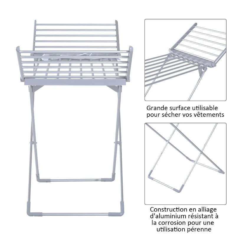 HOMCOM Séchoir étendoir à linge électrique chauffant pliable 20 barres 2 ailes repliables 230 W 50-55° C aluminium