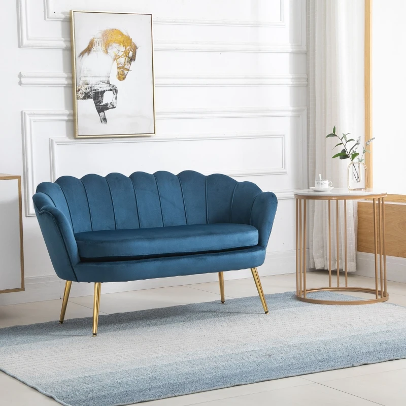 HOMCOM Canapé 2 Places Coquillage canapé Design dim. 130L x 63l x 73H cm Pieds dorés effilés Velours Bleu