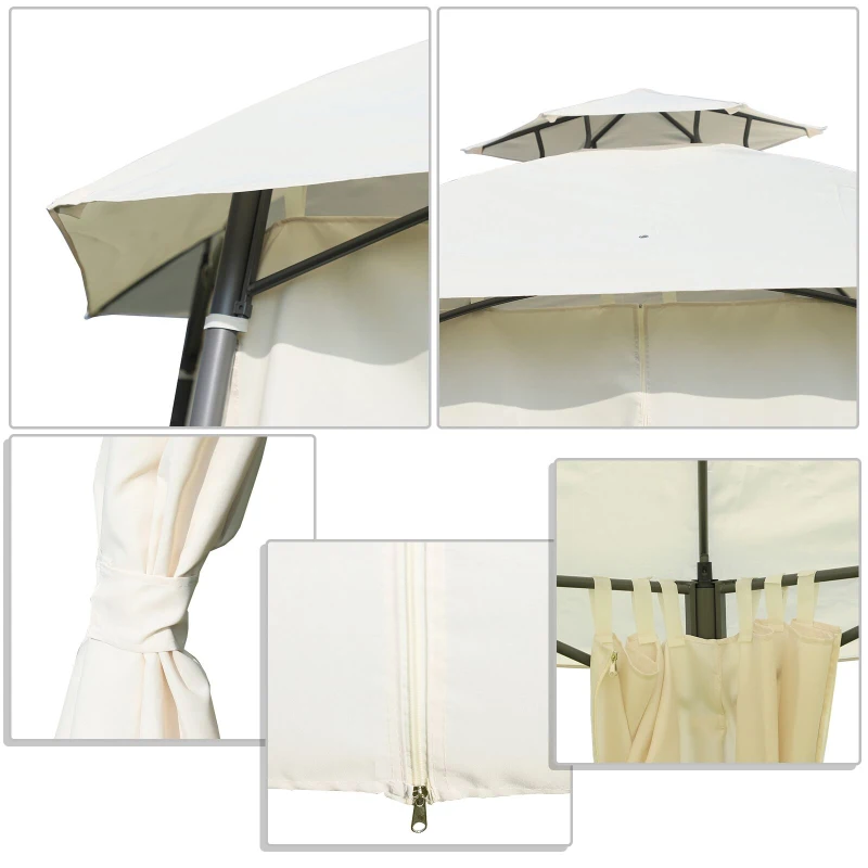 Outsunny Tonnelle pavillon de jardin rond style colonial dim. Ø 3,6L x 2,7H m double toit 6 rideaux latéraux polyester crème métal époxy gris