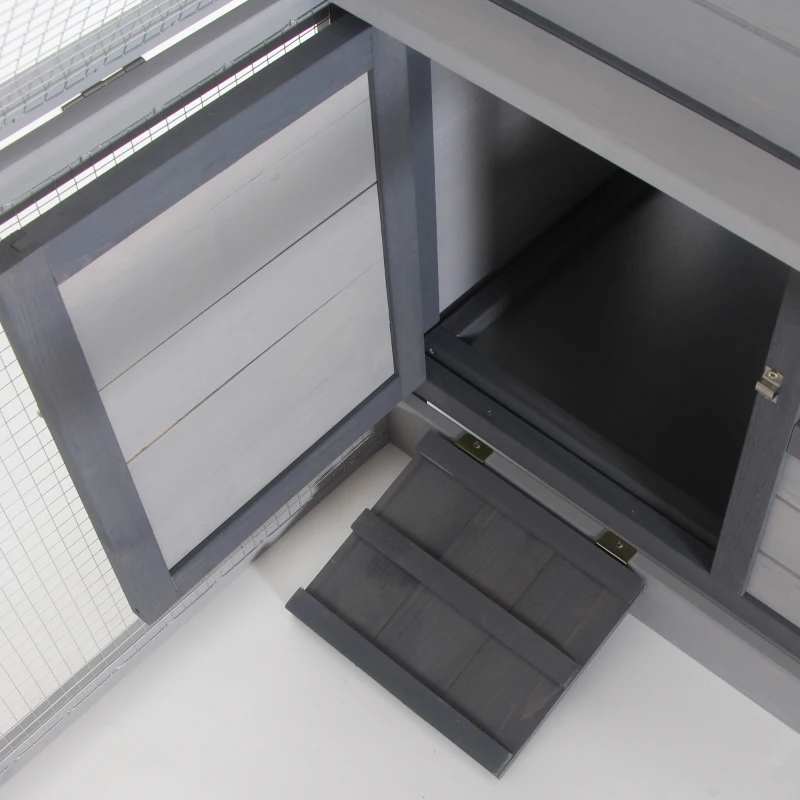 PawHut Clapier cage à lapin cottage - niche avec rampe, porte, fenêtres, plateau excrément amovible - toit enclos ouvrant - bois sapin gris