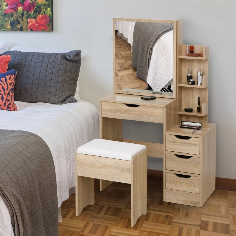 Coiffeuse multi-rangements 4 tiroirs miroir armoire 3 étagères imitation chêne clair