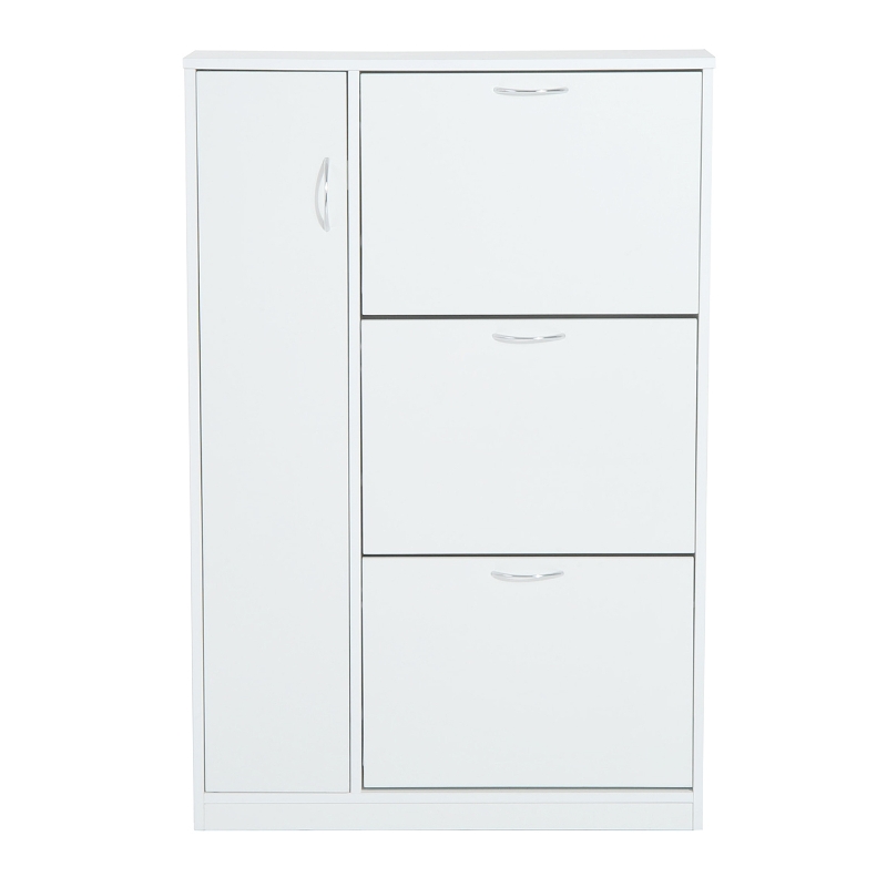 HOMCOM Armoire à chaussures organisateur pour chaussures 3 portes abattantes 2 compartiments + placard porte panneaux particules blanc