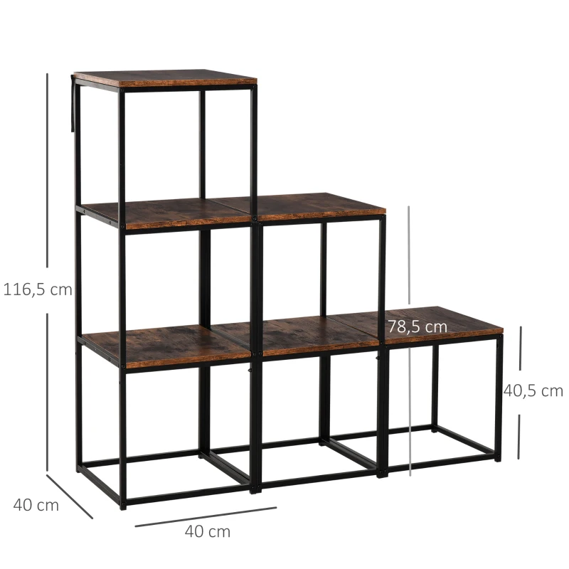 HOMCOM Étagère bibliothèque séparateur de pièce style industriel modulable 6 étagères métal noir MDF aspect vieux bois chêne