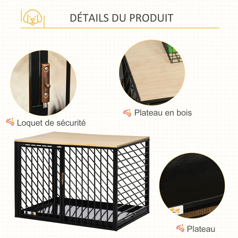 PawHut Cage pour chien animaux cage chien niche à chien caisse chien interieur meuble chien 2 portes verrouillables métal plateau de base en acier panneau multicouche 76L x 48l x 53H cm chêne clair