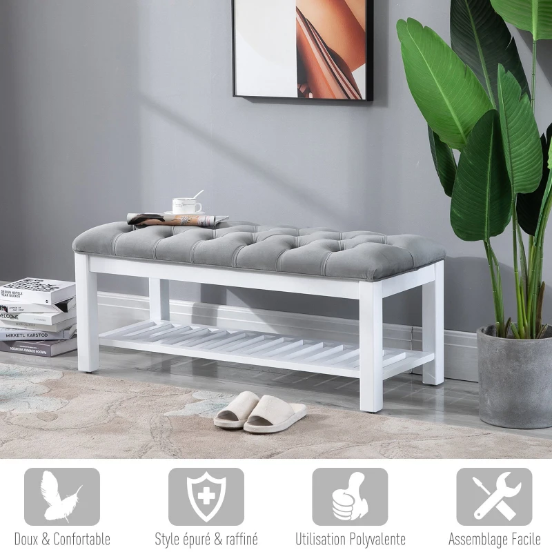HOMCOM Banc banquette capitonnée style classique chic banc à chaussures dim. 108L x 45l x 46H cm bois massif caoutchouc blanc polyester gris