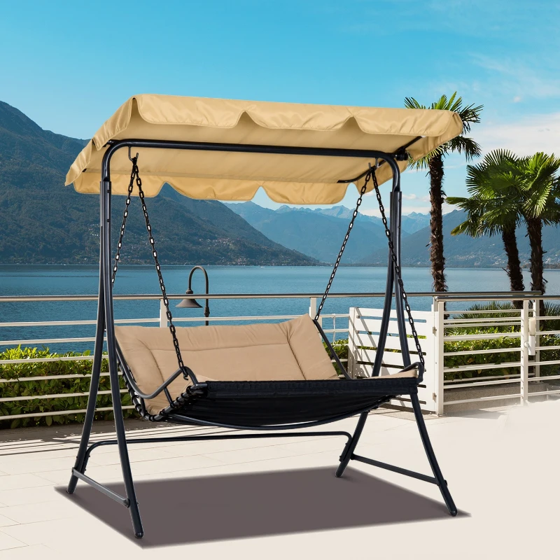 Outsunny Balancelle hamac de jardin 2 places grand confort inclinaison toit réglable 1,6L x 1,17l x 1,73H m métal époxy noir polyester beige