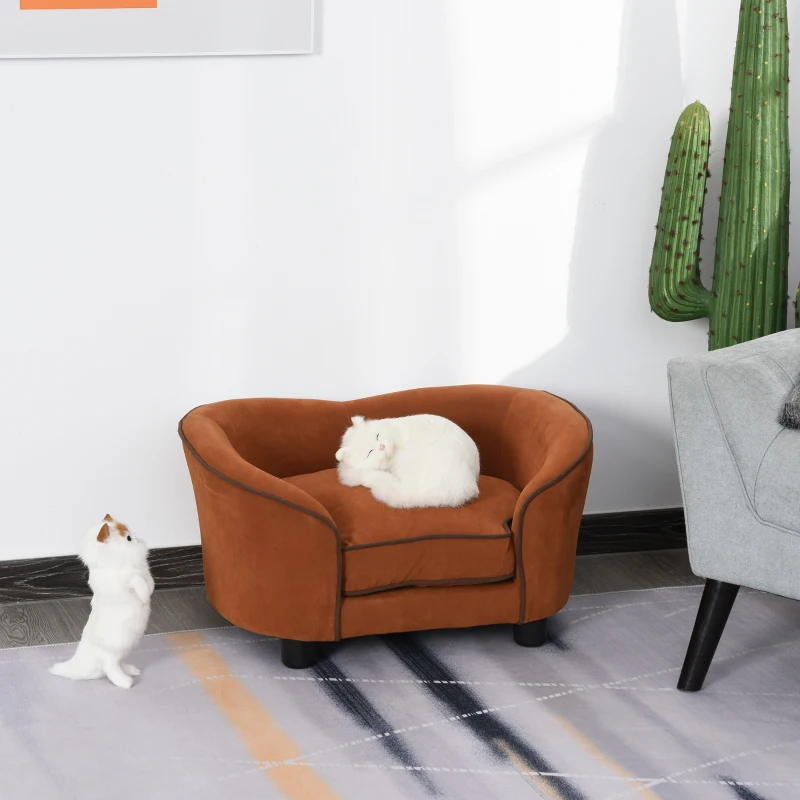 PawHut Canapé pour chien chat - lit de chien - panier - accoudoirs, dossier, coussin amovible - dim. 70L x 51l x 37H cm - marron