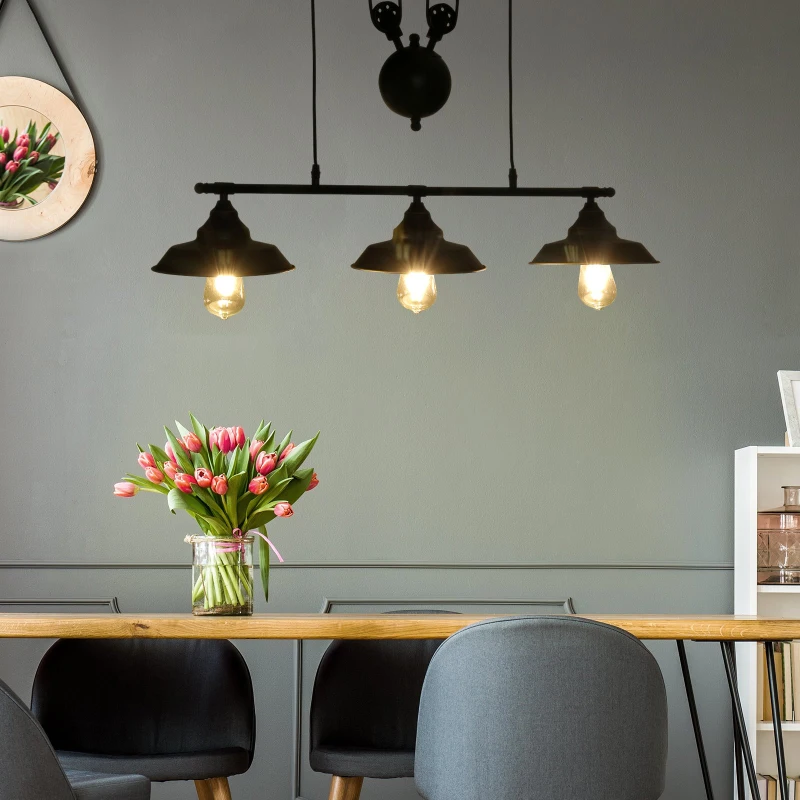 HOMCOM Lustre suspension style industriel 3 lampes 40 W 230 V hauteur réglable avec poulies dim. 90L x 22l x 89-180H cm métal noir doré