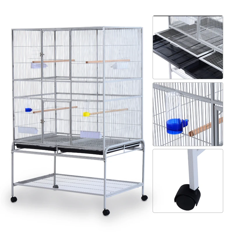 Grande volière avec mangoire suspendue grand format support amovible roues109L x 76l x176H cm argent neuf 10