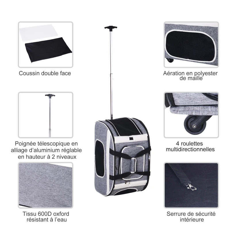PawHut 2 en 1 trolley chariot sac de transport à main sur roulettes pour chien chat gris chiné noir
