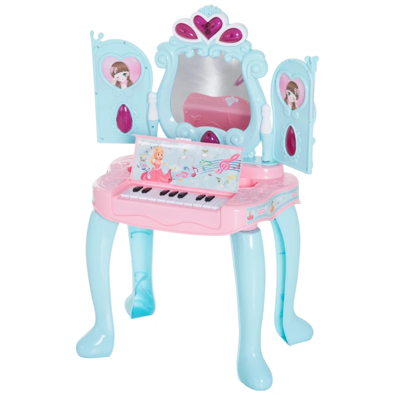 HOMCOM Coiffeuse enfant piano 2 en 1 multi-equipement : miroir, tiroir, cadres photos, lumière, musique, séchoir 44L x 32l x 73H cm plastique PP bleu rose