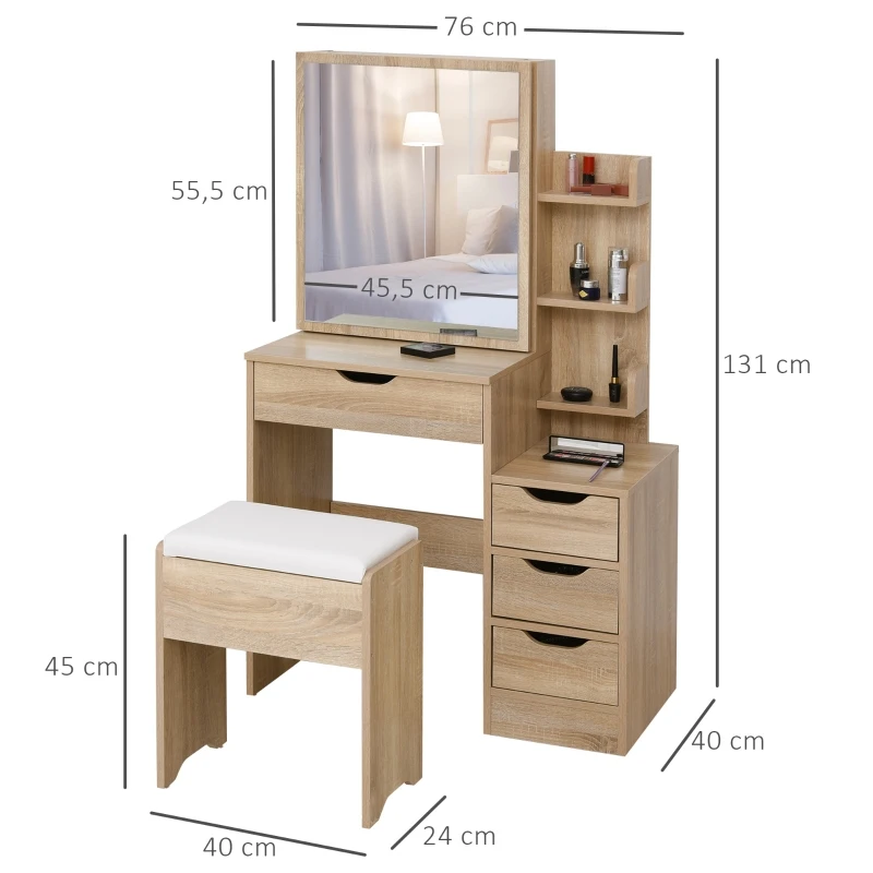 Coiffeuse multi-rangements 4 tiroirs miroir armoire 3 étagères imitation chêne clair