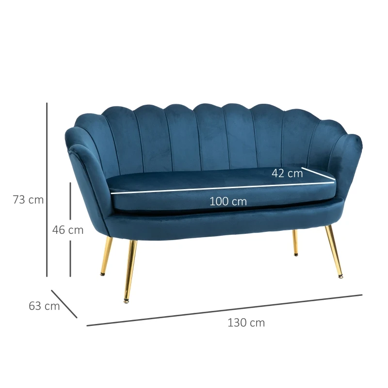 HOMCOM Canapé 2 Places Coquillage canapé Design dim. 130L x 63l x 73H cm Pieds dorés effilés Velours Bleu