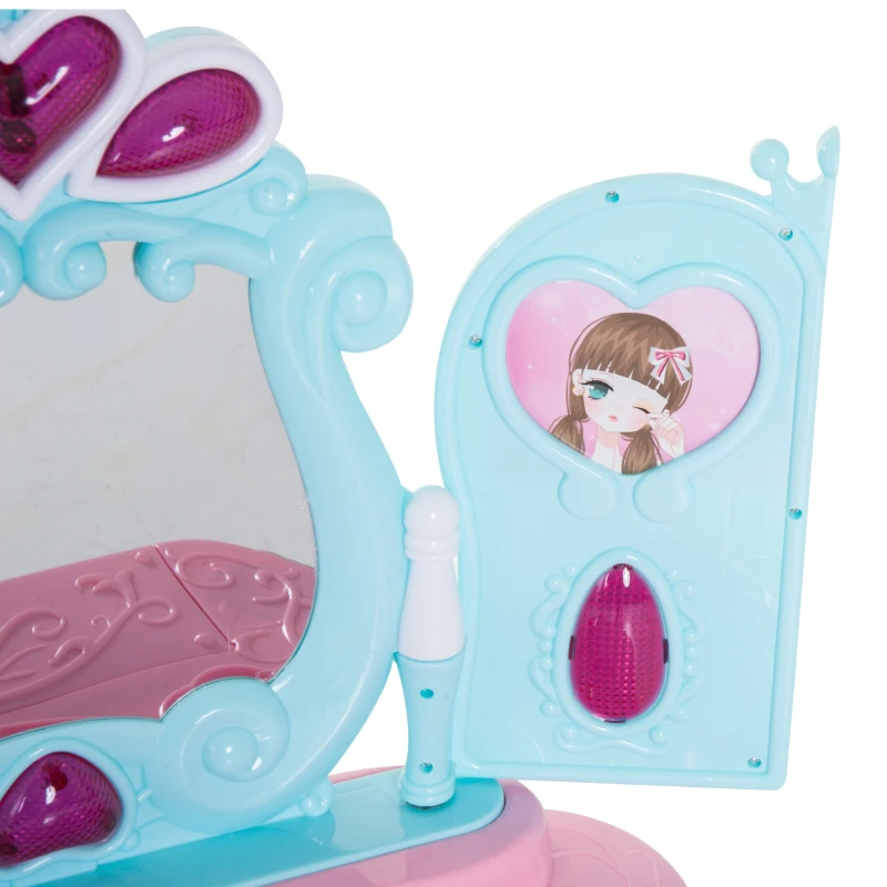 HOMCOM Coiffeuse enfant piano 2 en 1 multi-equipement : miroir, tiroir, cadres photos, lumière, musique, séchoir 44L x 32l x 73H cm plastique PP bleu rose