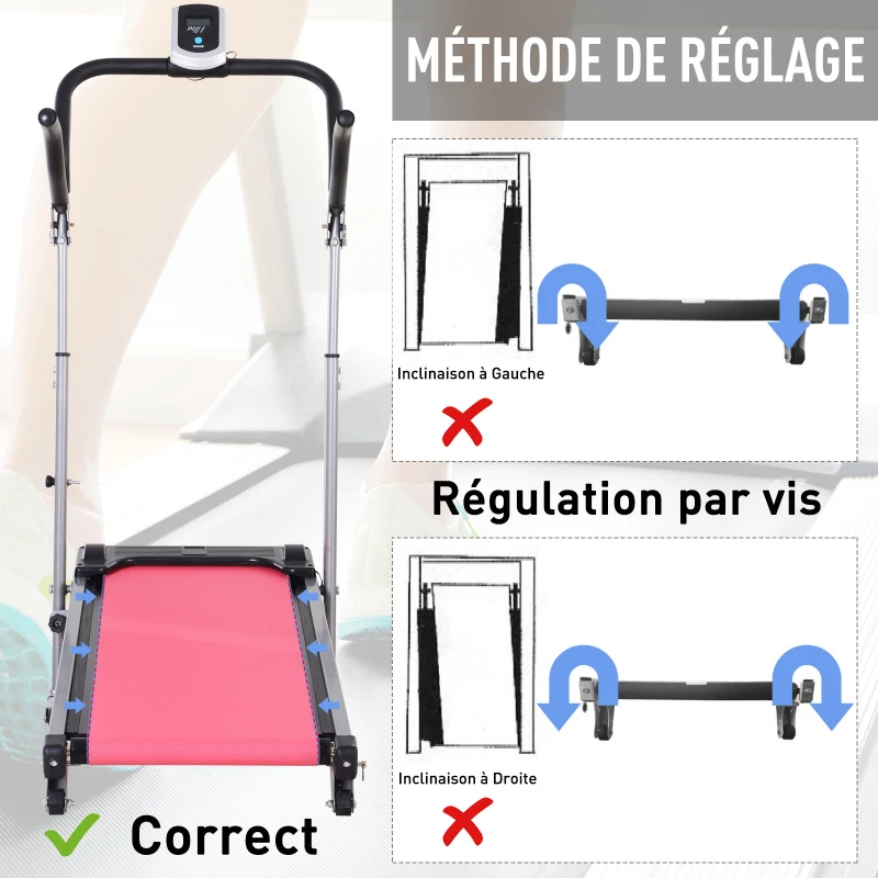 Homcom Tapis de course manuel pliable écran LCD multifonction 3 modes d'inclinaisons hauteur guidon réglable acier gris rouge