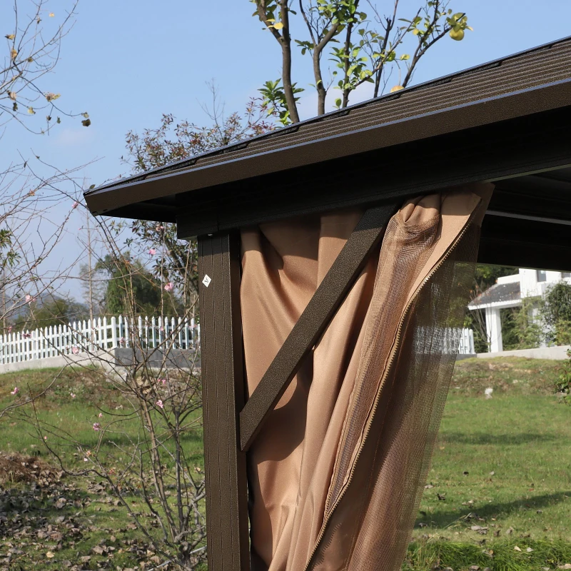 Outsunny Tonnelle pavillon de jardin rigide panneaux toit alu. et métal époxy dim. 2,98L x 2,98l x 2,6H m 4 parois latérales anti-UV 4 moustiquaires beige marron moucheté