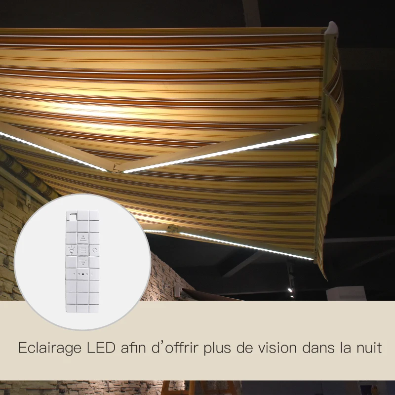 Outsunny Store banne électrique/Manuel rétractable Protection UV 50 + Aluminium Polyester imperméabilisé 2,45 x 2 (avancée) m télécommande fournie Marron Beige rayé