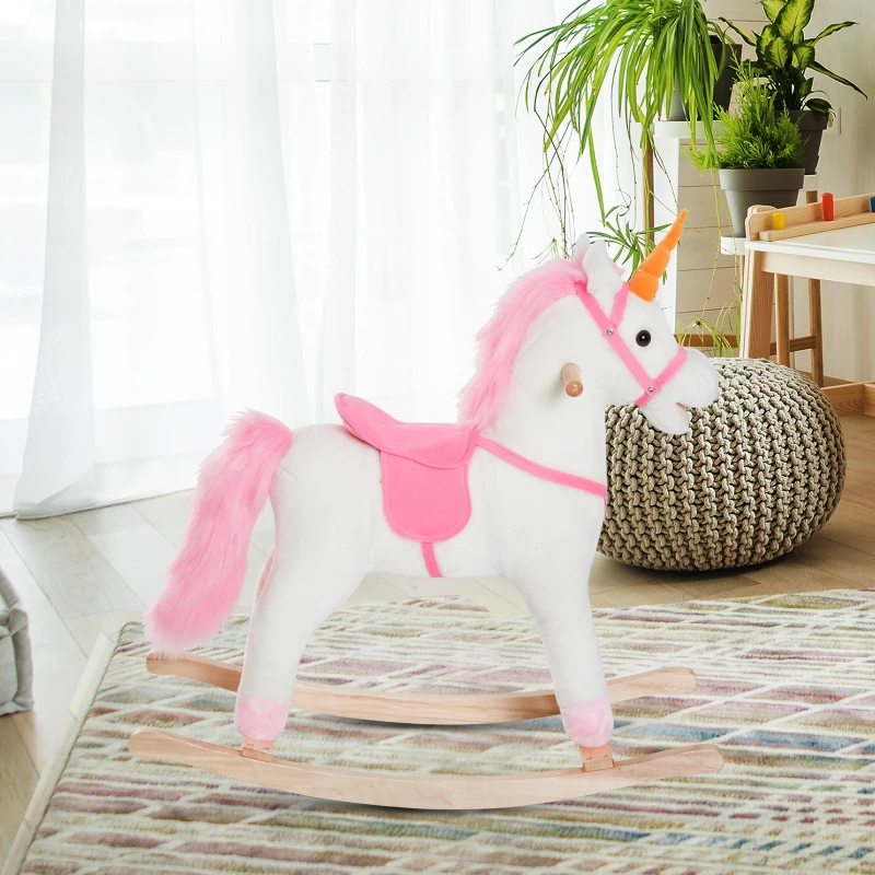 HOMCOM Cheval à bascule licorne à bascule selle grand confort peluche courte douce bois peuplier blanc rose
