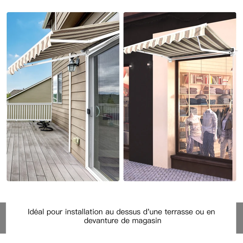 Outsunny Store banne électrique/Manuel rétractable Protection UV 50 + Aluminium Polyester imperméabilisé 2,45 x 2 (avancée) m télécommande fournie Marron Beige rayé