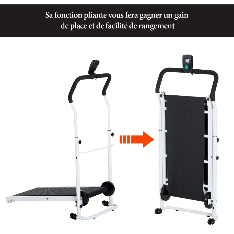HOMCOM Tapis roulant pliable tapis de course manuel ordinateur de bord 2 modes d'inclinaisons réglable acier blanc noir