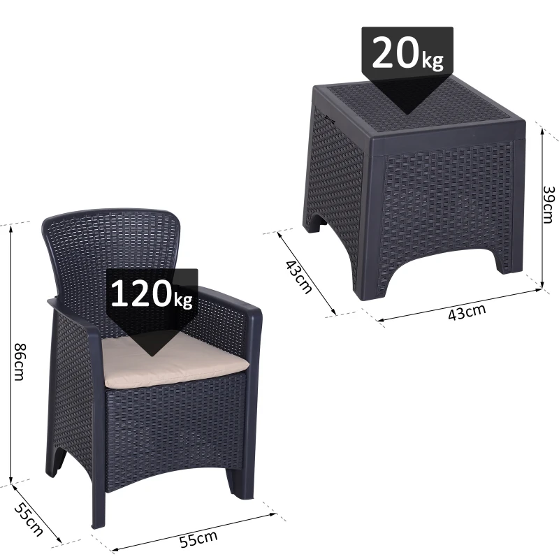 Outsunny Salon de jardin 2 pers. 3 pièces ensemble bistro style contemporain coussins grand confort inclus polyester beige résine tressée noir