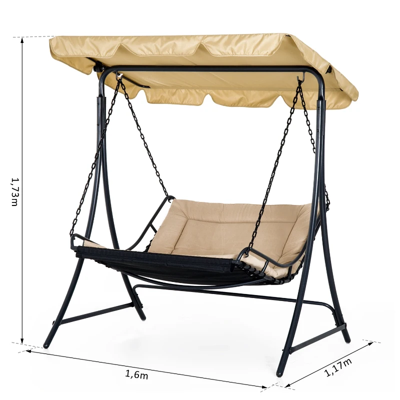 Outsunny Balancelle hamac de jardin 2 places grand confort inclinaison toit réglable 1,6L x 1,17l x 1,73H m métal époxy noir polyester beige
