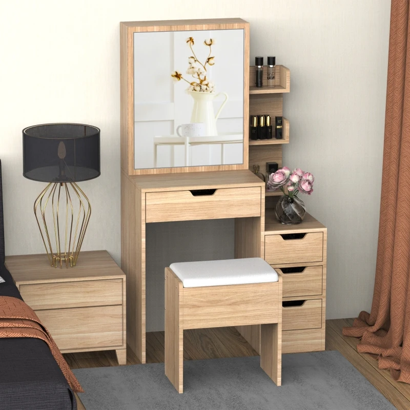 Coiffeuse multi-rangements 4 tiroirs miroir armoire 3 étagères imitation chêne clair