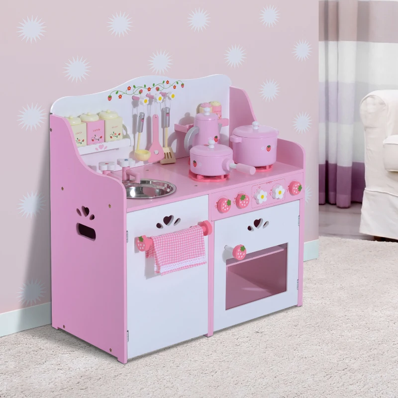 HOMCOM Cuisine pour enfants en bois jeu jouet d'imitation grand réalisme 60L x 30l x 62H cm multi-équipement 12 accessoires rose
