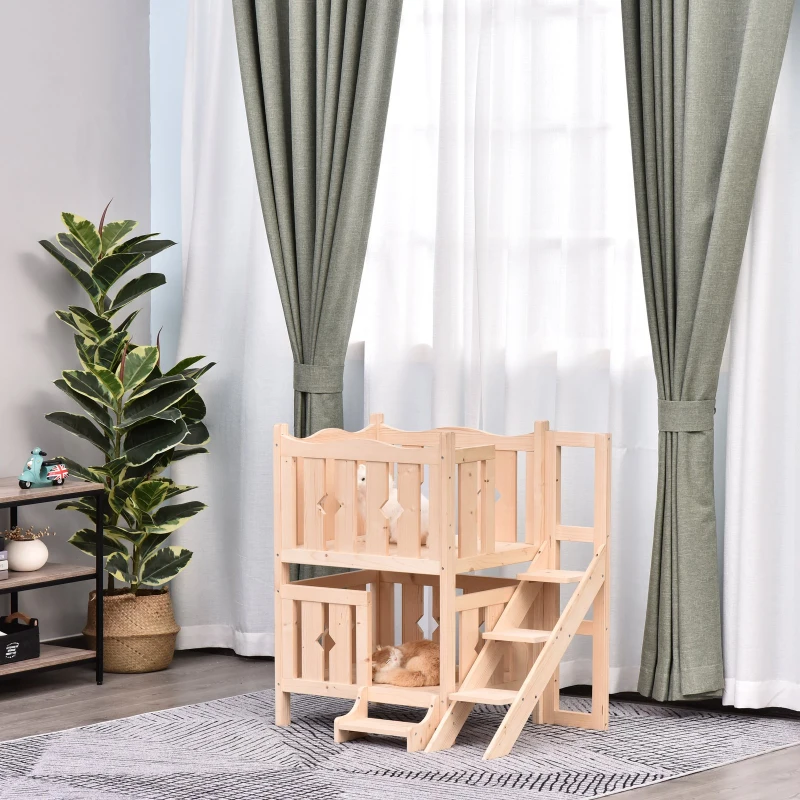 PawHut Maison lodge - niche avec terrasse et escalier pour chien chat - dim. 82L x 46l x 86H cm - bois massif de pin