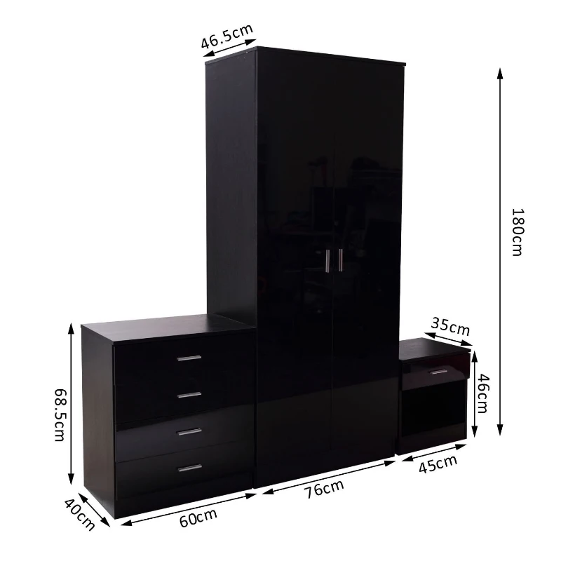 HOMCOM Ensemble Moderne Meubles de Chambre : Armoire Penderie, Commode et Chevet Noir