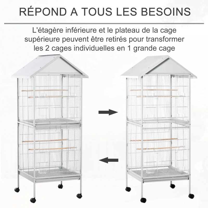 PawHut Volière cage à oiseaux sur roulettes design maison mangeoires perchoirs 10 portes plateaux excréments amovibles métal gris et blanc