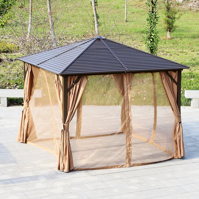 Outsunny Tonnelle pavillon de jardin rigide panneaux toit alu. et métal époxy dim. 2,98L x 2,98l x 2,6H m 4 parois latérales anti-UV 4 moustiquaires beige marron moucheté