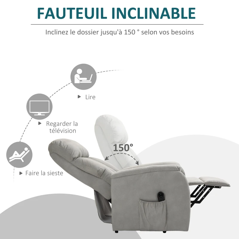 HOMCOM Fauteuil de Relaxation électrique Fauteuil releveur inclinable avec Repose-Pied Ajustable Microfibre Polyester Gris