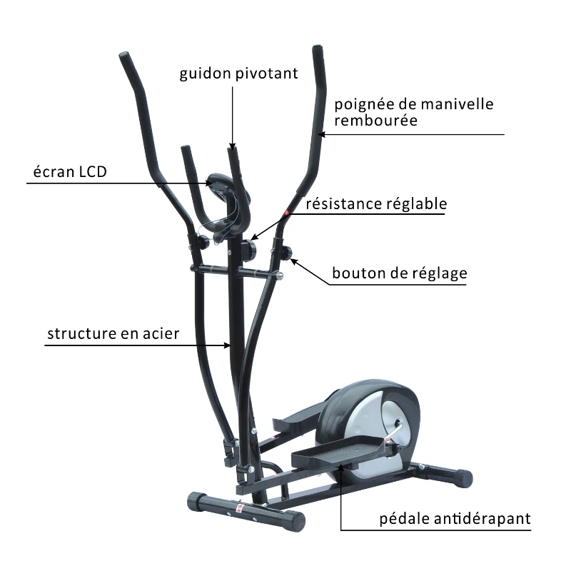 HOMCOM Vélo Elliptique Vélo d'Appartement Cardio Magnétique avec Compteur LCD Guidon Pivotant Acier Noir et Argent