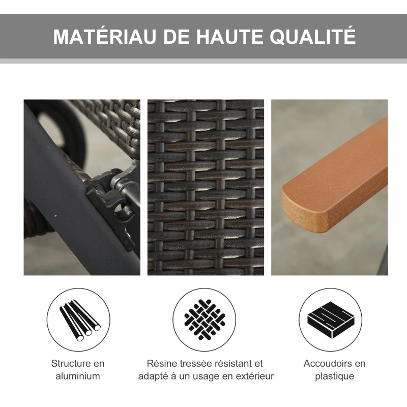 Outsunny Transat bain de soleil pliable style colonial inclinaison réglable multipositions accoudoirs roues résine tressée chocolat