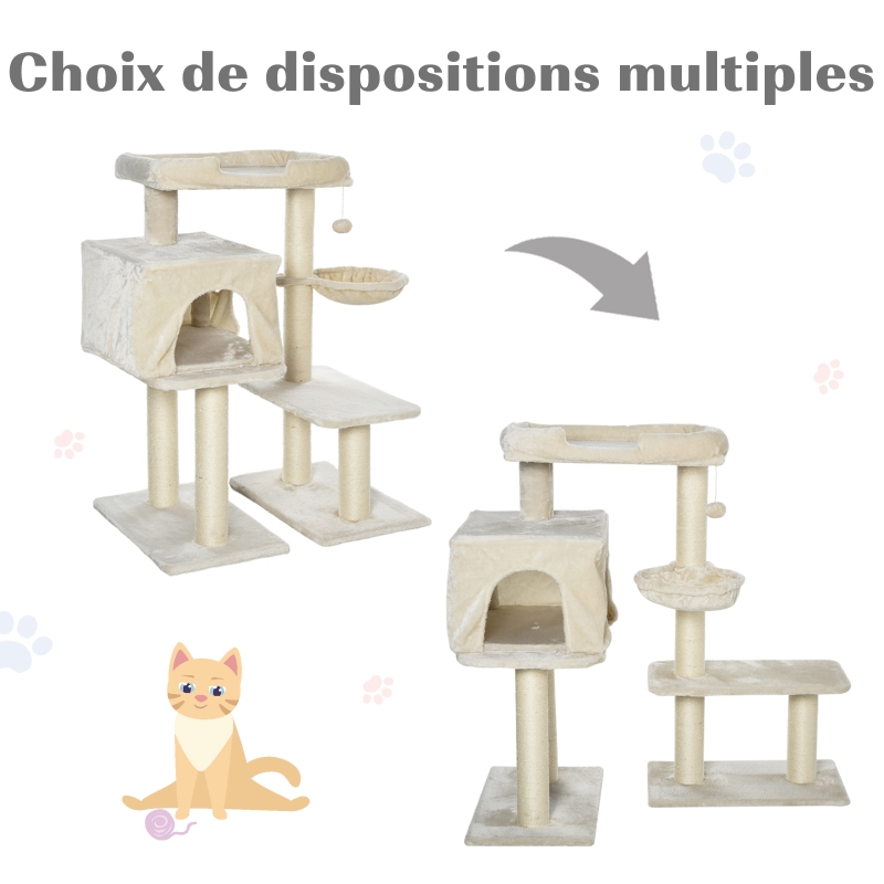 Pawhut Arbre A Chats Avec Griffoir Niche Colonnes Renforcees Peluche Courte 70 X 60 X 110 Cm Beige Aosom Fr