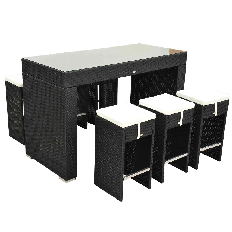 ENSEMBLE TABLE DE BAR + 6 TABOURETS SALON JARDIN RESINE ROTIN TRESSE AVEC COUSSINS NEUF 34