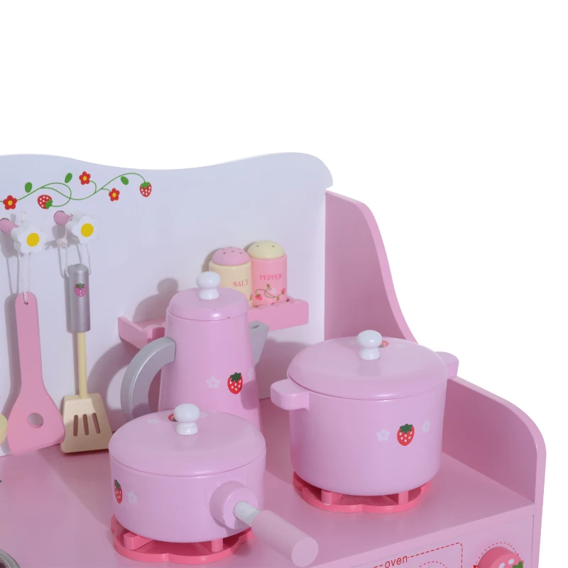 HOMCOM Cuisine pour enfants en bois jeu jouet d'imitation grand réalisme 60L x 30l x 62H cm multi-équipement 12 accessoires rose