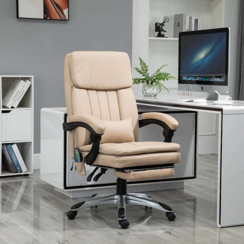 Fauteuil de bureau direction massant chauffant repose-pied intégré revêtement PU beige