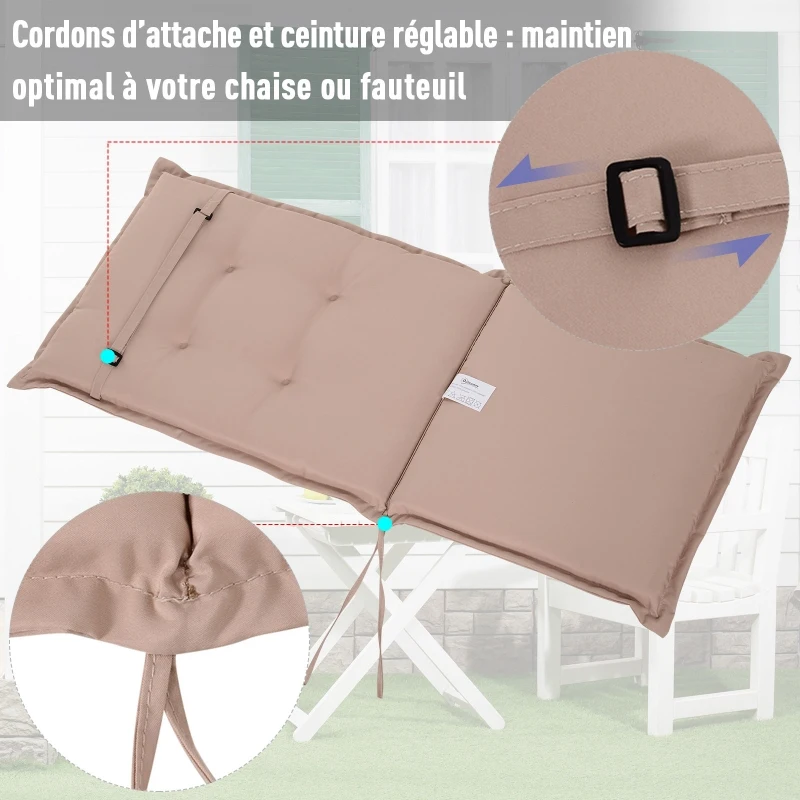 Outsunny Coussins de chaise longue - galettes de chaise de jardin - lot de 2 - dim. 120L x 50l cm - rembourrage 6 cm - cordons et ceinture d'attache - polyester beige