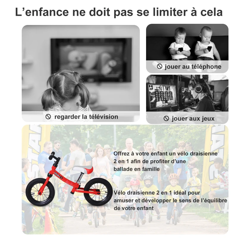 HOMCOM Draisienne enfant roues 12" hauteur selle réglable acier rouge