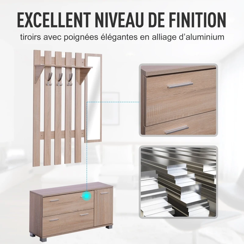 HOMCOM Ensemble de meubles d'entrée 3 pièces meuble chaussures, miroir et panneau porte-manteau panneaux particules chêne clair
