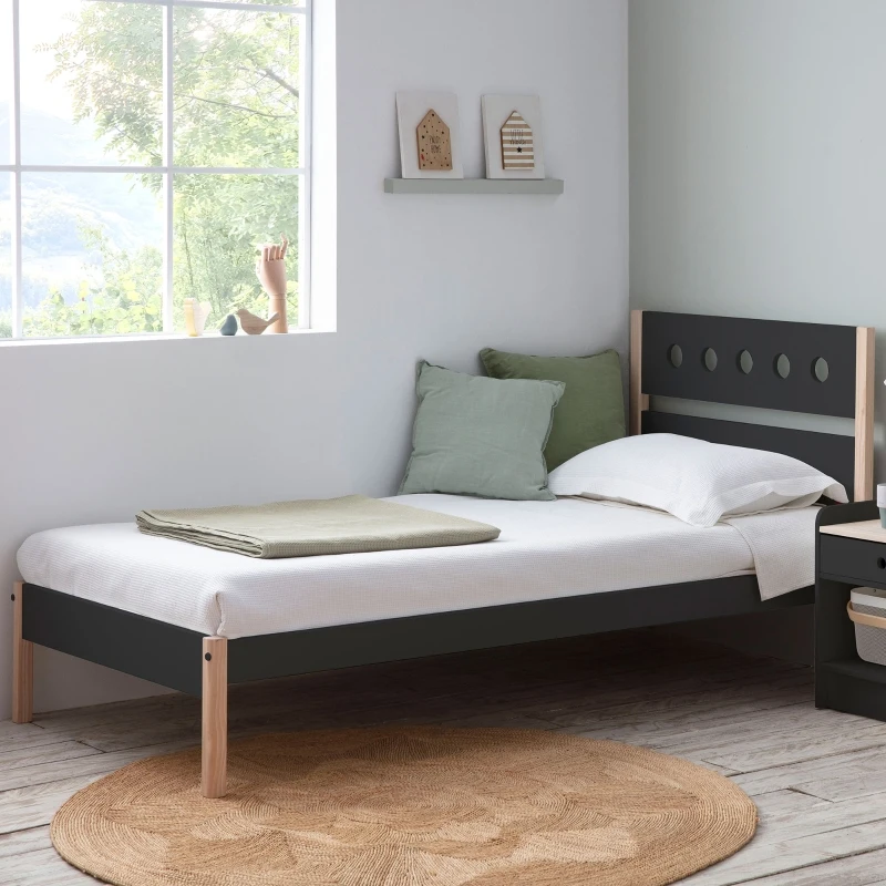 HOMCOM Lit Enfant 90 x 190 cm - Structure lit avec tête de lit et sommier à Lattes Inclus - pin Massif MDF Classe E1 Gris Anthracite