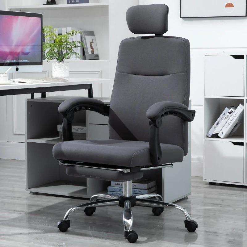 HOMCOM Fauteuil de bureau manager dossier et hauteur réglable roulettes pivotantes avec repose-pied appui-tête polyester 62L x 64,5l x 120-135H cm gris