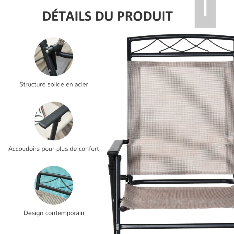 Outsunny Lot de 2 chaises de jardin pliantes avec accoudoirs métal noir textilène beige