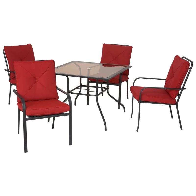 Outsunny Ensemble de jardin 4 pers. coussins déhoussables fournis table plateau verre trempé 5 mm métal époxy noir polyester rouge