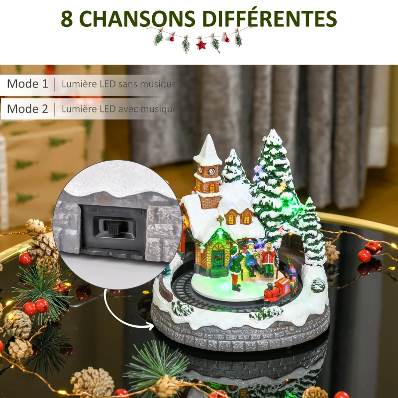HOMCOM Village de Noël Lumineux avec Train - décoration Lumineuse de Noël - 11 lumières LED Multicolores - 8 Pistes Musicales