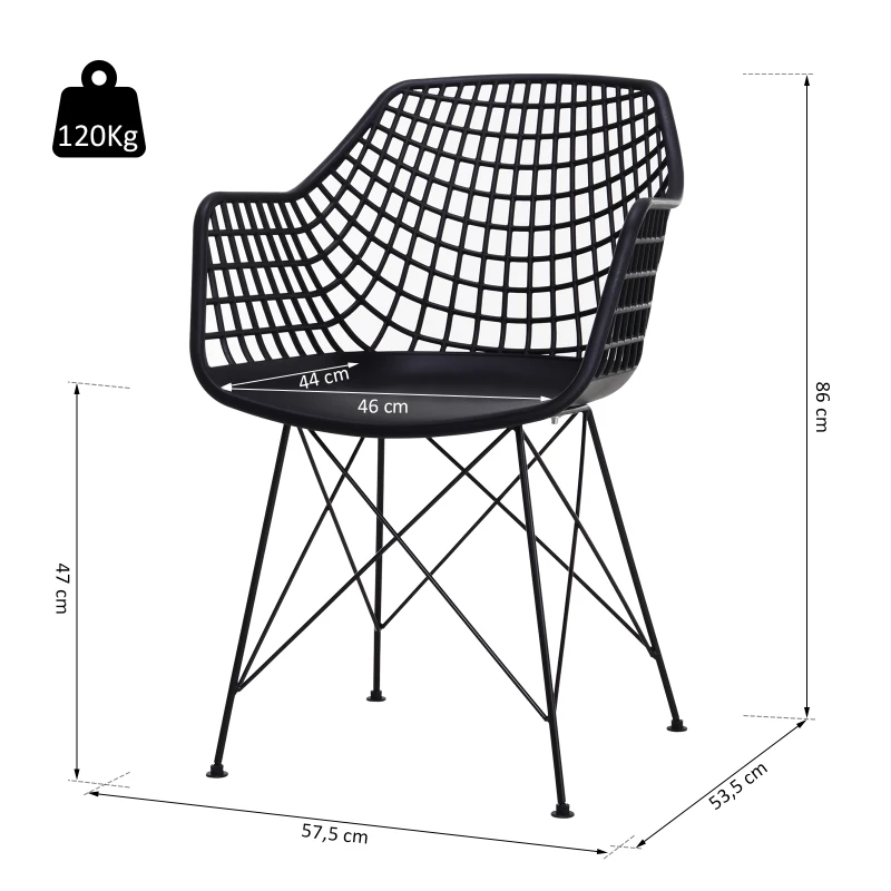 HOMCOM Lot de 2 chaises de salle à manger, chaise de cuisine, style néo-rétro, accoudoirs dossier ergonomiques, cadre PP, 4 pieds croisés métal, 57,5 x 53,5 x 86 cm, noir
