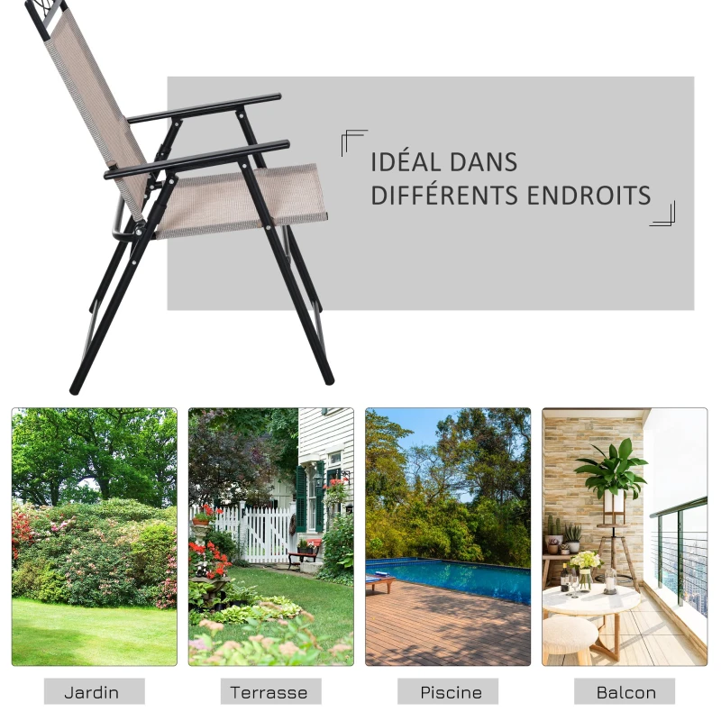 Outsunny Lot de 2 chaises de jardin pliantes avec accoudoirs métal noir textilène beige